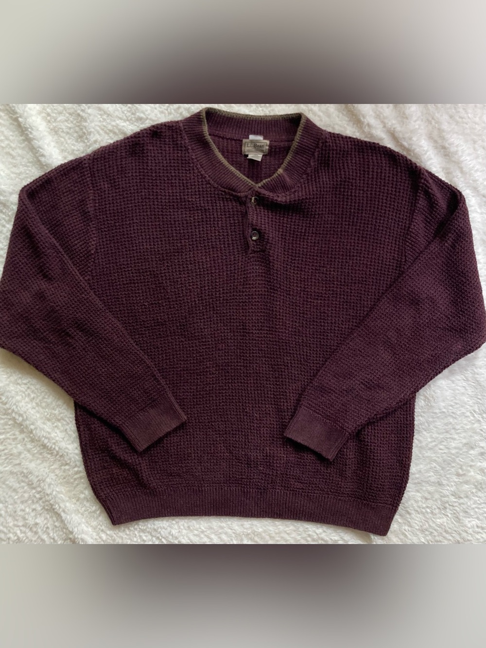 LL Bean Henley Sweater Men’s Large Burgundy Cotton Knit Vintage USA Made